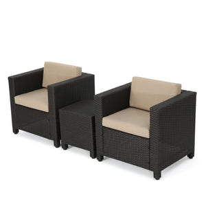 Puerta Outdoor Dark Brown Wicker Club Chair Set with Matching Side Table Noble House