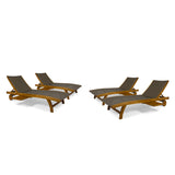 Banzai Outdoor Wicker and Wood Chaise Lounge with Pull-Out Tray - Set of 4