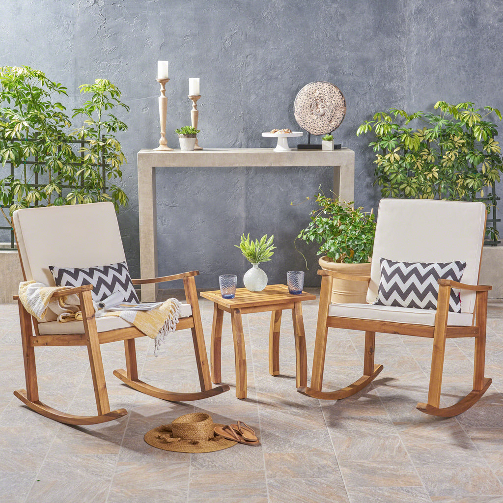 Candel Outdoor Acacia Wood Rocking Chair and Table Set, Teak and Cream Cushions Noble House