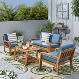 Grenada Patio Conversation Set with Coffee Table, 4-Seater, Acacia Wood, Teak Finish with Blue Outdoor Cushions Noble House
