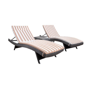 Noble House Salem 3 Piece Outdoor Grey Wicker Lounge with Brown and White Stripe Water Resistant Cushions and Coffee Table