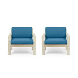 Santa Ana Outdoor Acacia Wood Club Chairs with Cushions, Brushed Light Gray and Dark Teal Noble House