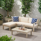 Santa Ana Outdoor 3 Seater Acacia Wood Sofa Sectional with Cushions, Light Gray and Cream Noble House
