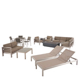 Noble House Cape Coral Outdoor 16 Piece Aluminum Estate Collection with Cushions and Fire Pit, Silver and Gray, Khaki and Dark Gray