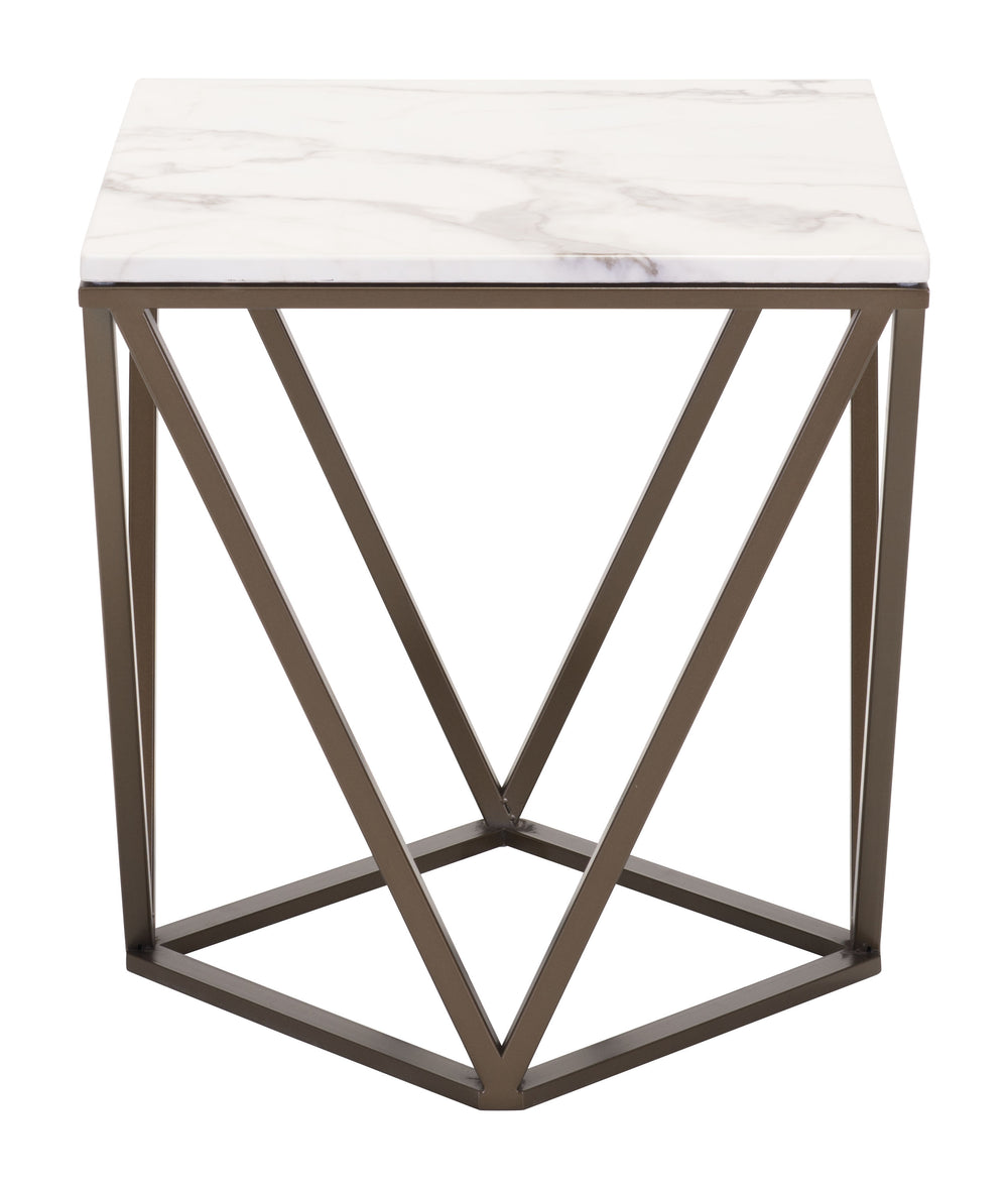 Zuo Modern Tintern Composite Stone, Steel Modern Commercial Grade End Table White, Antique Brass Composite Stone, Steel