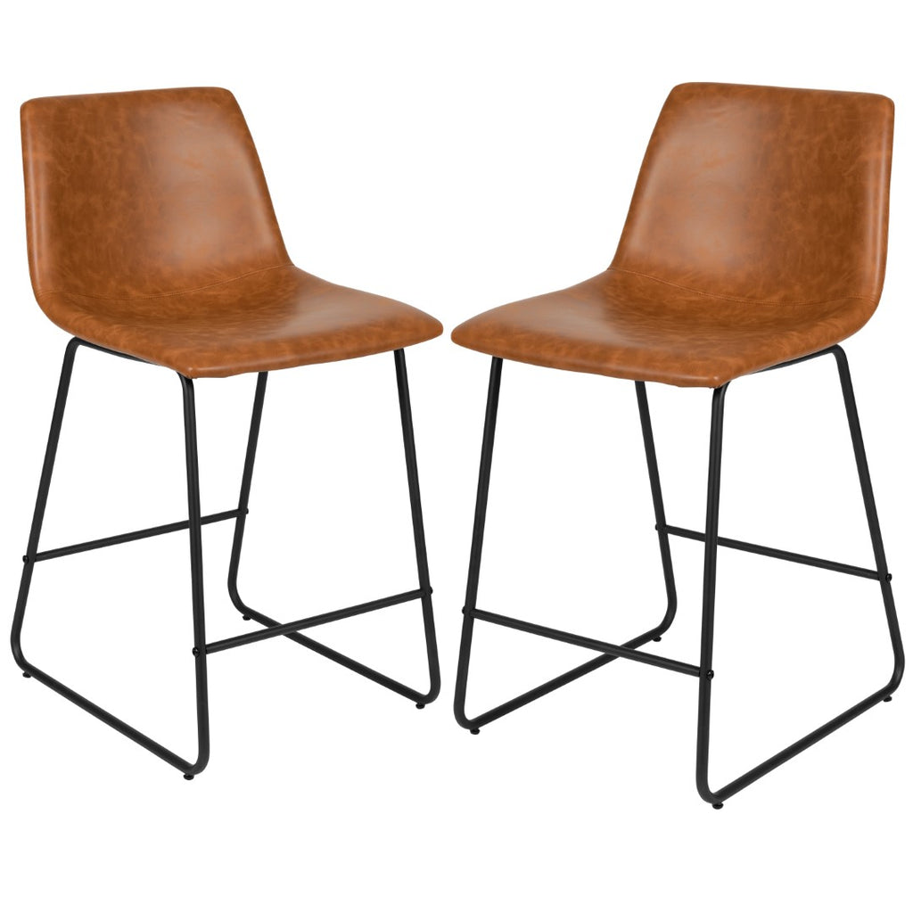English Elm EE1022 Midcentury Commercial Grade Leather Counter Stool - Set of 2 Light Brown EEV-10614
