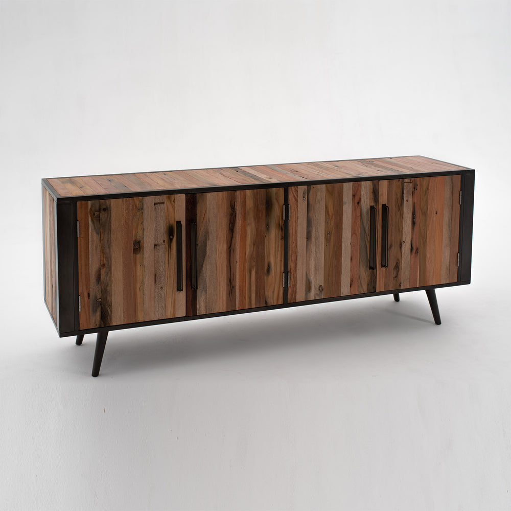 Nordic Reclaimed Boat Wood & Iron TV Dresser with 4 Doors, Unique Scandinavian Design & Storage