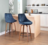 Diana Contemporary Counter Stool in Walnut Wood and Blue Velvet with Black Round Footrest by LumiSource - Set of 2