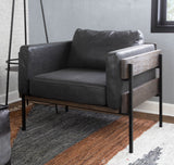 Kari Farmhouse Accent Chair in Black Metal, Grey Wood, and Black Faux Leather by LumiSource