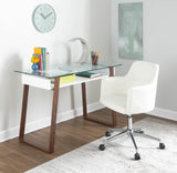 Duke Contemporary Desk in Walnut Metal, White Wood, and Clear Glass by LumiSource