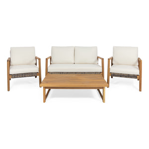 Noble House Nova Outdoor 4 Seater Acacia Wood Chat Set with Wicker Accents, Teak, Gray, and Beige