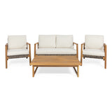 Noble House Nova Outdoor 4 Seater Acacia Wood Chat Set with Wicker Accents, Teak, Gray, and Beige