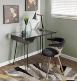 Avery Mid-Century Modern Desk in Dark Grey Wood, Clear Glass, and Black Metal by LumiSource