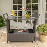 Bahama Outdoor Wicker Bar Cart with Tempered Glass Top, Gray Noble House