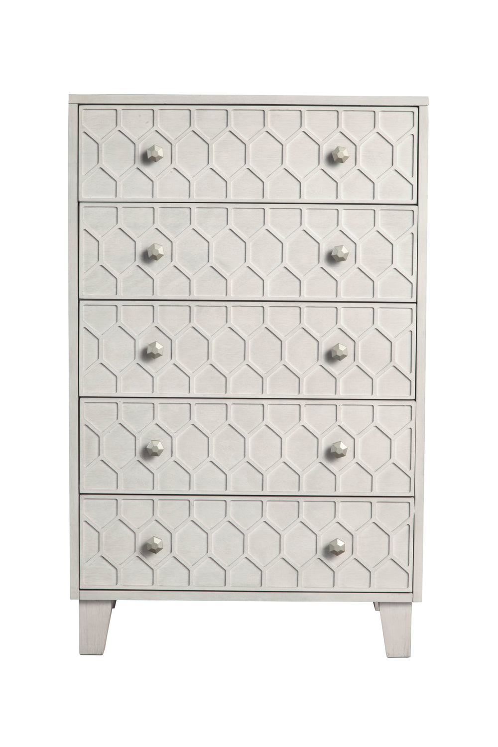 Denver Five Drawer Chest - Elegant Honeycomb Design in Light Grey, Fully Assembled Mahogany Storage
