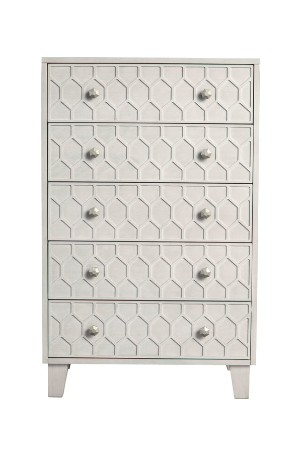 Denver Five Drawer Chest - Elegant Honeycomb Design in Light Grey, Fully Assembled Mahogany Storage