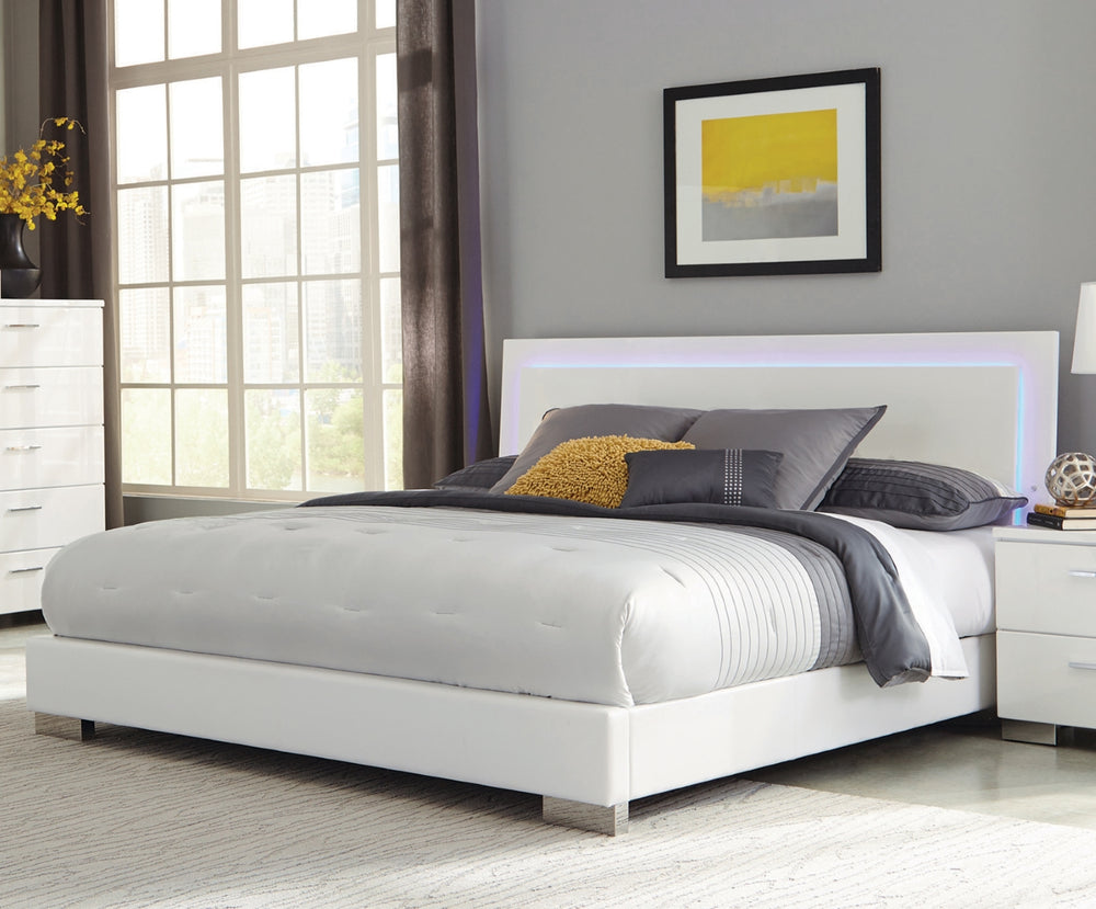 Felicity Contemporary Panel Bed with Polished Gloss Finish and Ambient Blue LED Lighting for Elegance