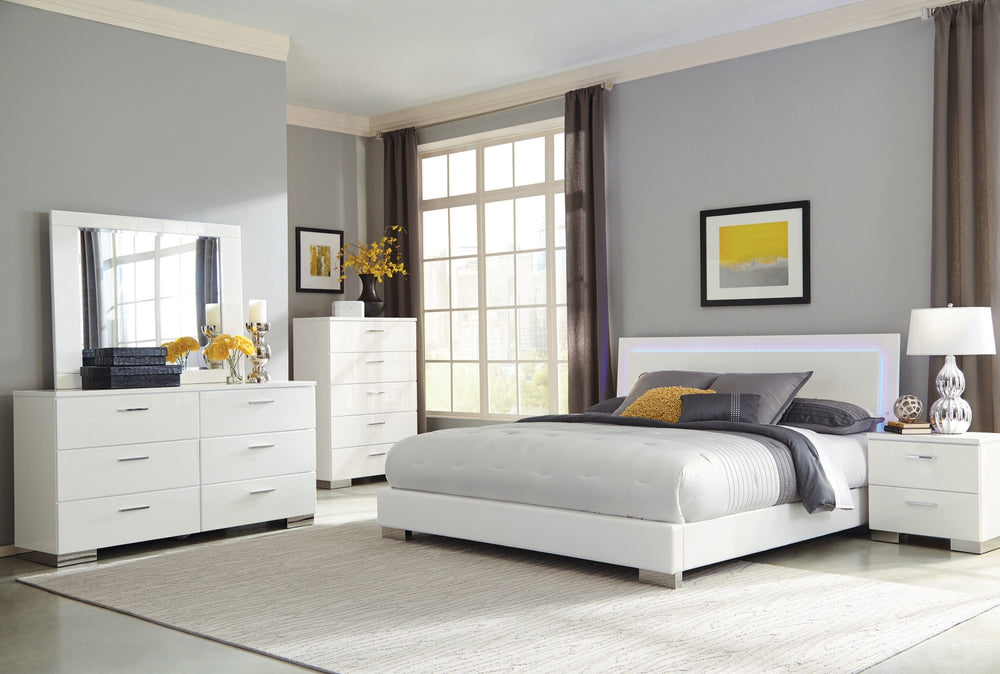 Felicity Contemporary Panel Bed with Polished Gloss Finish and Ambient Blue LED Lighting for Elegance