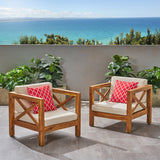Noble House Brava Outdoor Acacia Wood Club Chairs with Cushions (Set of 2), Teak Finish and Beige
