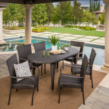 Sophia Outdoor 7 Piece Grey Wicker Oval Dining Set with Stacking Chairs Noble House
