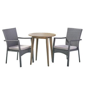 Arezzo Outdoor 3 Piece Wood and Wicker Bistro Set, Gray and Gray Noble House