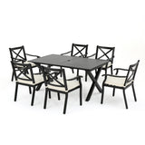 Exuma Outdoor Expandable 7 Piece Black Cast Aluminum Dining Set with Ivory Water Resistant Cushions