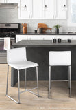 Mara 26" Contemporary Counter Stool in Brushed Stainless Steel, and White Faux Leather by LumiSource - Set of 2