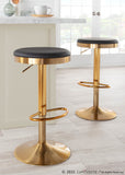 Dakota Contemporary Upholstered Adjustable Barstool in Gold Steel and Black Faux Leather by LumiSource - Set of 2