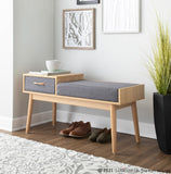 Telephone Contemporary Bench in Natural Wood and Grey Fabric with Pull-Out Drawer by LumiSource