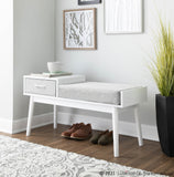 Telephone Contemporary Bench in White Wood and Grey Fabric with Pull-Out Drawer by LumiSource