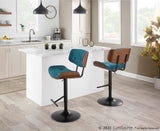 Lombardi Mid-Century Modern Adjustable Barstool with Swivel in Black Metal, Teal Noise Fabric and Walnut Wood Accent by LumiSource - Set of 2