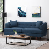 Noble House Mableton Mid-Century Modern Upholstered 3 Seater Sofa, Navy Blue and Espresso