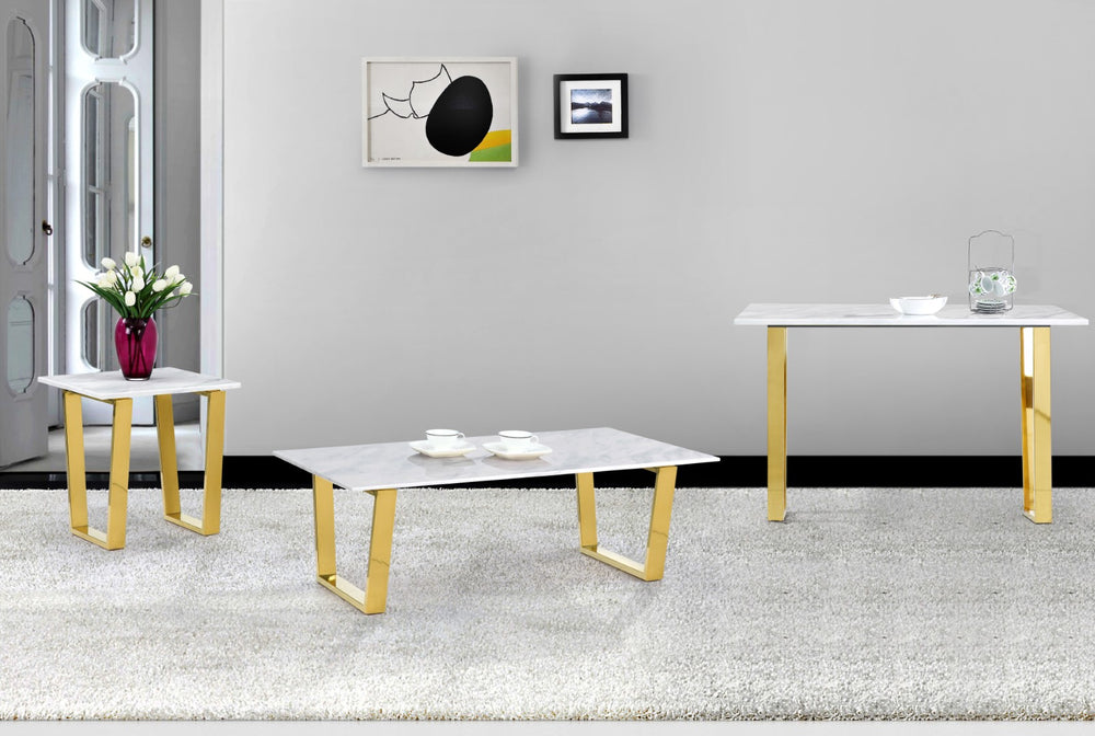 Cameron Stone / Marble Veneer / Stainless Steel Contemporary Gold Console Table - 48" W x 17.5" D x 30" H