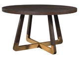 Verbatim Round Dining Table - Vintage Modern Design in Rich Brown Oak with Antique Brass Accents