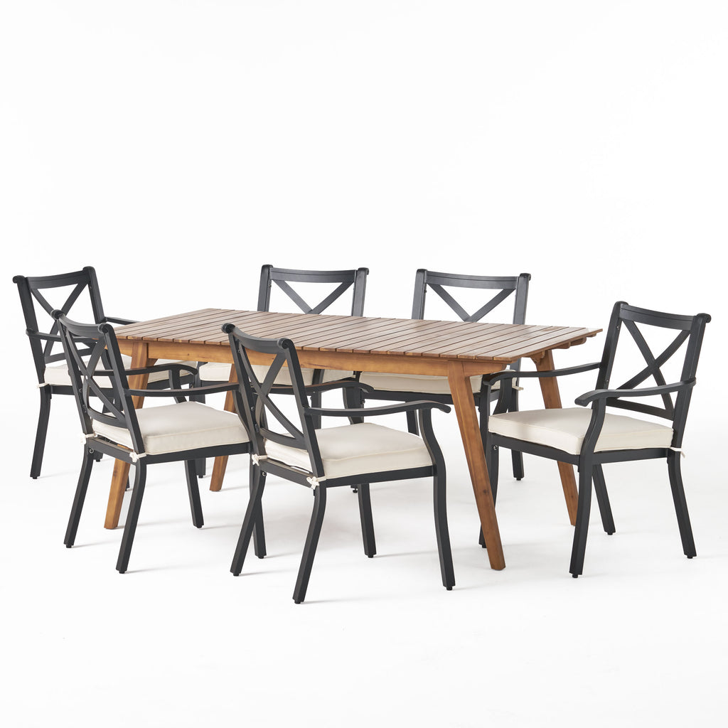 Noble House Slymar Outdoor 7 Piece Acacia Wood and Aluminum Dining Set, Teak and Black with Ivory Cushions