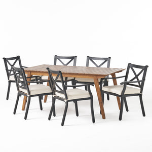 Noble House Slymar Outdoor 7 Piece Acacia Wood and Aluminum Dining Set, Teak and Black with Ivory Cushions