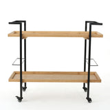 Gerard Modern Industrial 2-Tier Wood Bar Cart with Wheels, Natural and Black Noble House