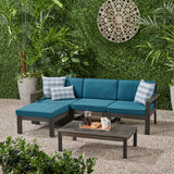 Santa Ana Outdoor 3 Seater Acacia Wood Sofa Sectional with Cushions, Dark Gray and Dark Teal Noble House