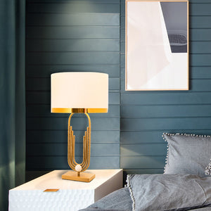 Bethel Gold & White Metal Table Lamp with Off White Linen Shade - Stylish Lighting for Any Room