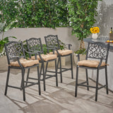 Noble House San Blas Outdoor Barstool with Cushion (Set of 4) Antique Matte Black and Tuscany