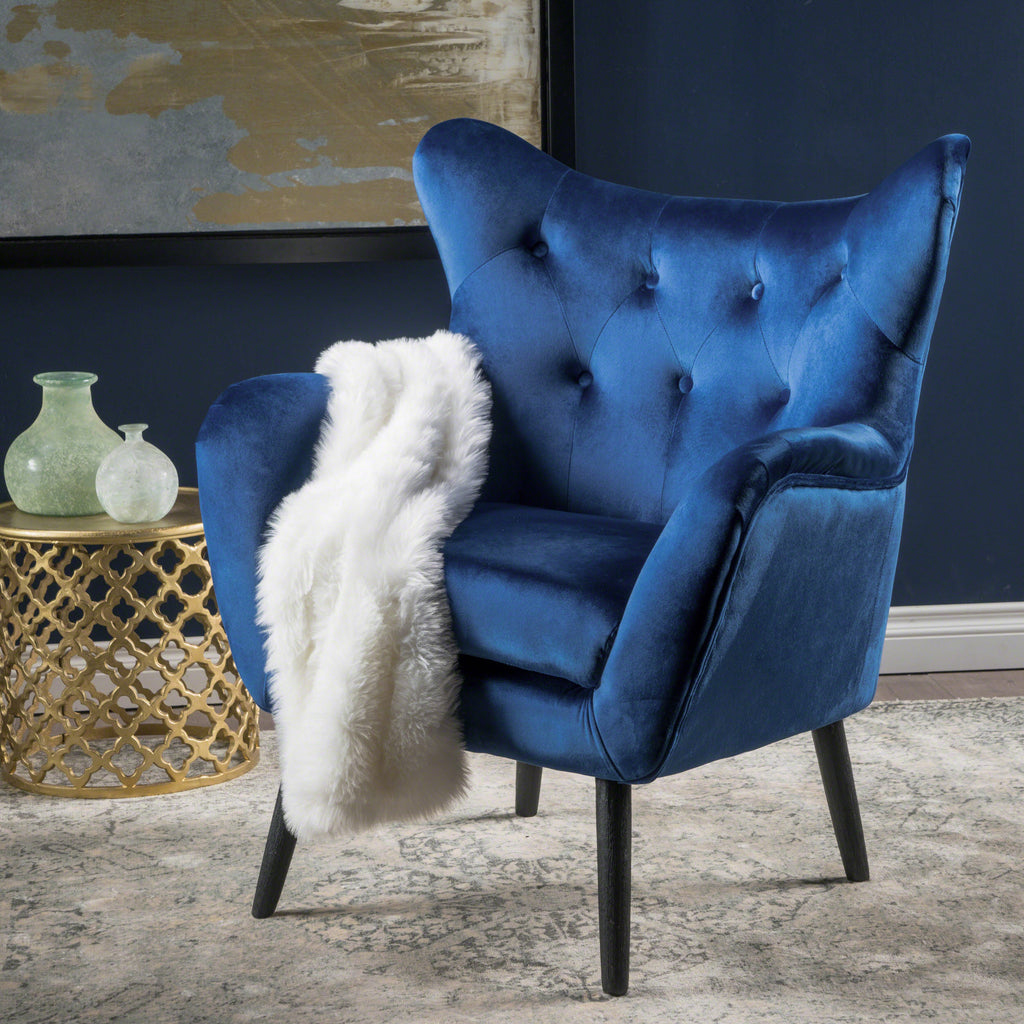 Seigfried Mid Century Navy Blue Velvet Arm Chair Noble House