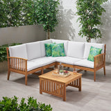Carolina Outdoor 5 Seater Acacia Wood Sofa Sectional Set, Brown and White Noble House