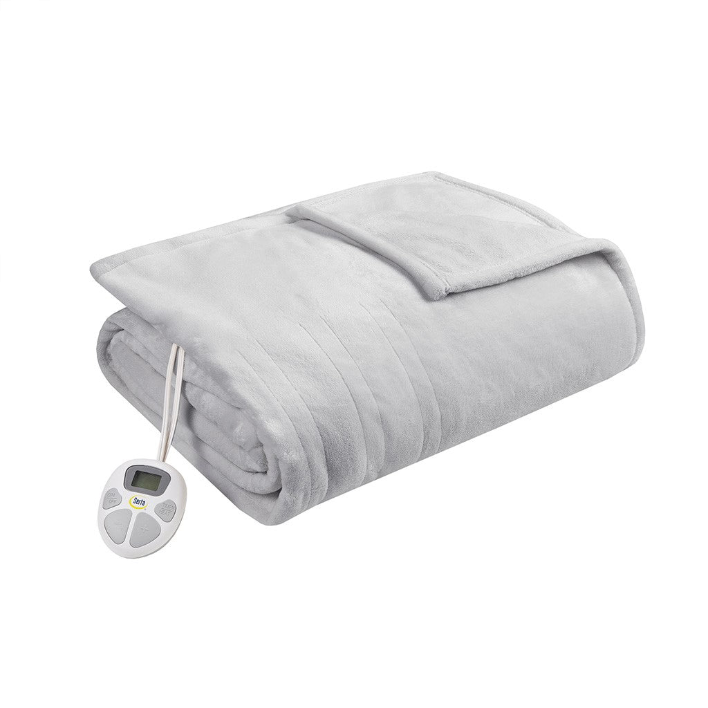 Plush Heated Casual 100% Polyester Microlight Heated Blanket Light Grey King: 100x90"