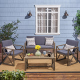 Andora Outdoor Acacia Wood 4 Piece Chat Set with Cushions, Brown and Dark Gray Noble House