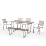Noble House Otero Outdoor 6 Piece Aluminum Dining Set, Gray and Silver