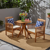 Casa Acacia Patio Dining Set, 2-Seater Bistro Set, 28" Round Table with X-Legs, Teak Finish, Cream Outdoor Cushions Noble House