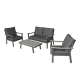 Sinclair Outdoor 4 Piece Aluminum and Faux Wood Chat Set with Cushions, Gray and Dark Gray Noble House
