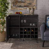 Lochner Mid-Century Modern 15-Bottle Wine and Bar Cabinet, Sonoma Gray Oak and Black Noble House