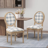 Phinnaeus French Country Fabric Dining Chairs, Dark Blue Plaid and Light Beige Noble House