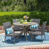 Avoca Outdoor 5 Piece Wood and Wicker Dining Set, Gray and Gray Noble House